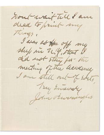 BURROUGHS, JOHN. Three Autograph Letters Signed, to Associate Editor of Century Magazine Robert Underwood Johnson (Dear Johnson),